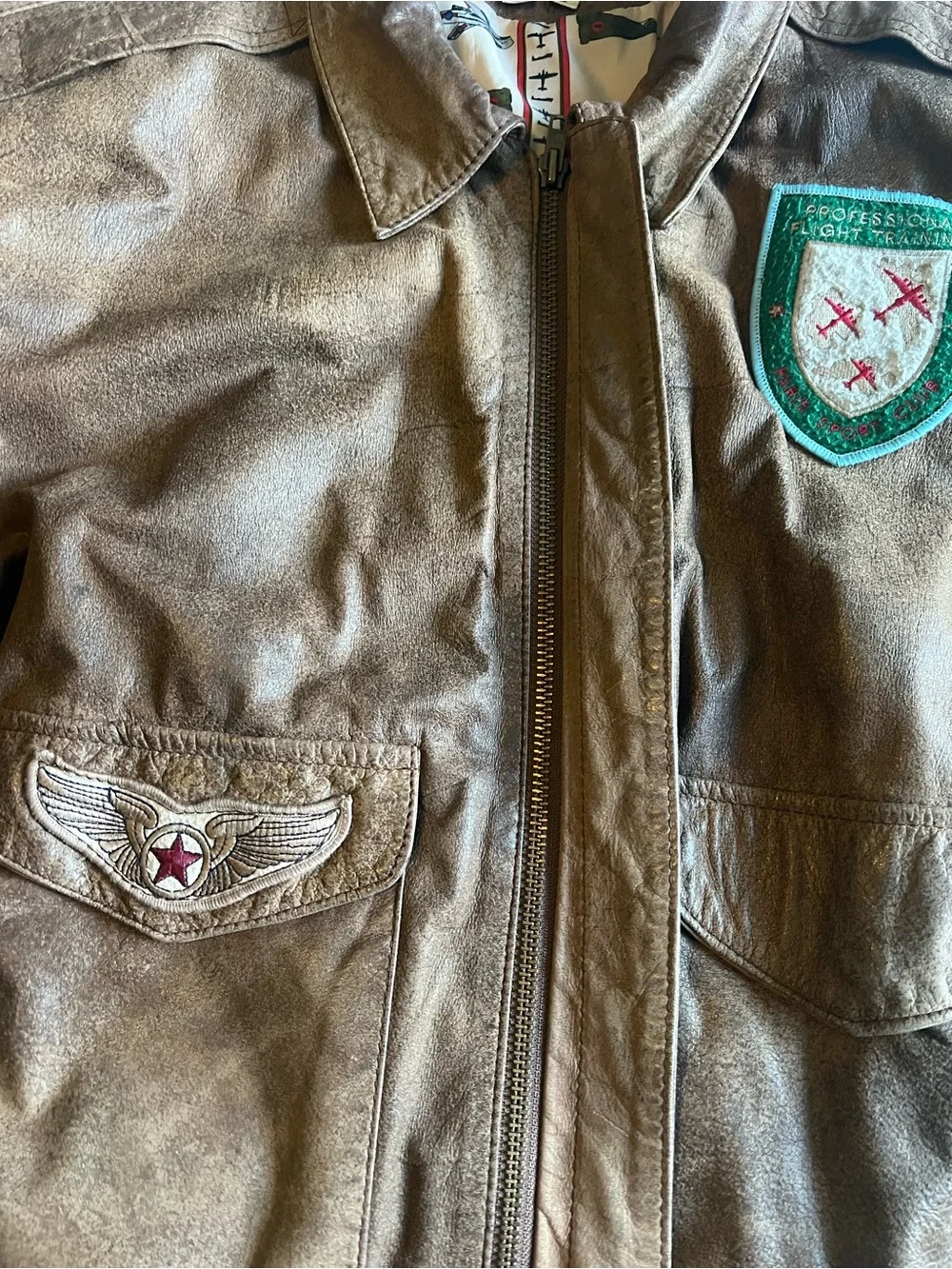Vintage Paris Sport Club Wings of Adventure Leather Flight Bomber Jacket L